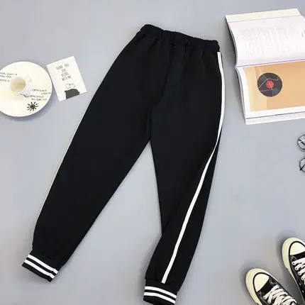 Ulzzang/повседневные штаны для колледжа, для девушек, для женщин, в полоску, спортивные штаны INS Harajuku Calcas, женские узкие брюки XXL Ulzzang, штаны для девочек - Цвет: Черный