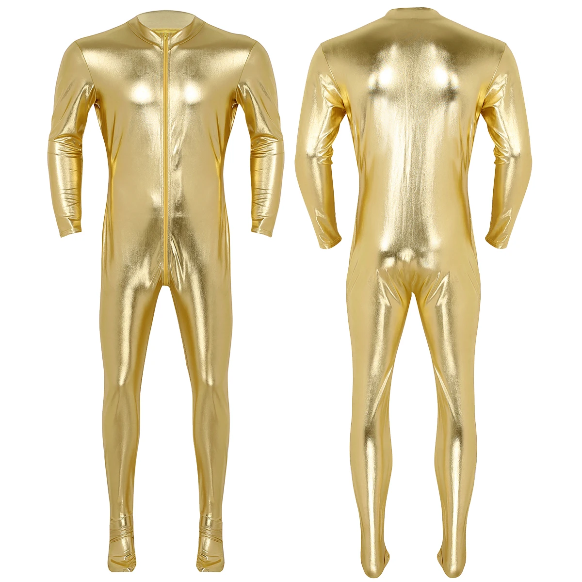 Gold Мужские Unitard Хэллоуин полное тело зентай Золото Блестящий металлический спандекс подножки обтягивающие плотные комбинезоны Гей Мужской косплей костюмы - Цвет: Gold