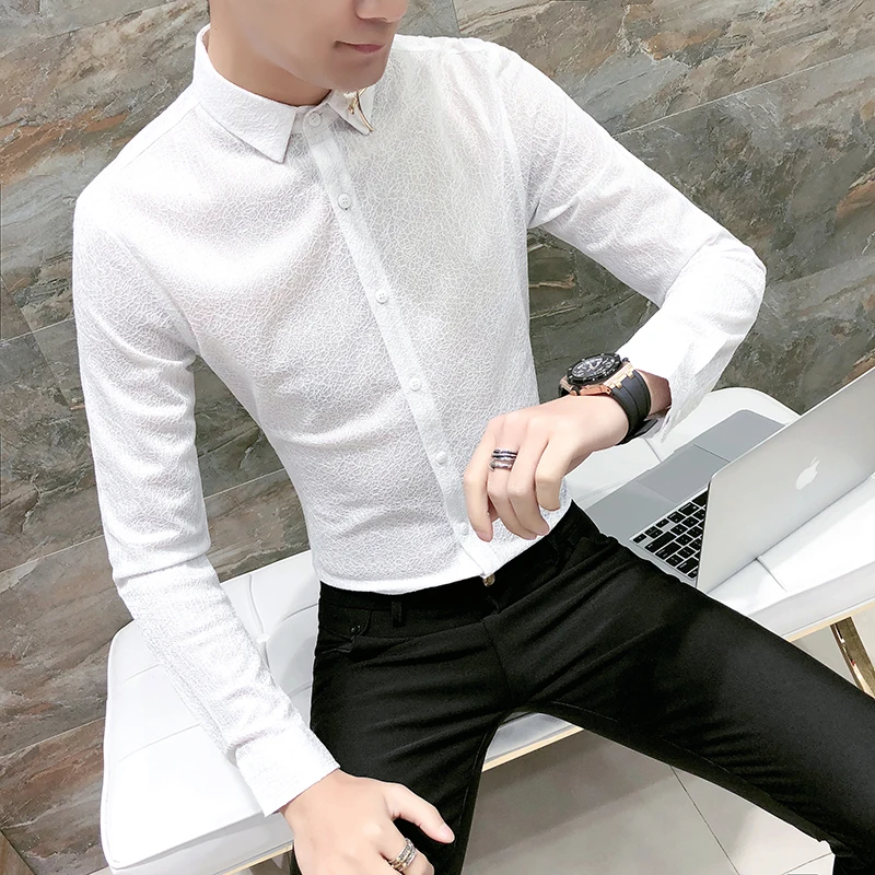 Новый стиль мужская весенне осенняя выдолбленная рубашка с длинным рукавом