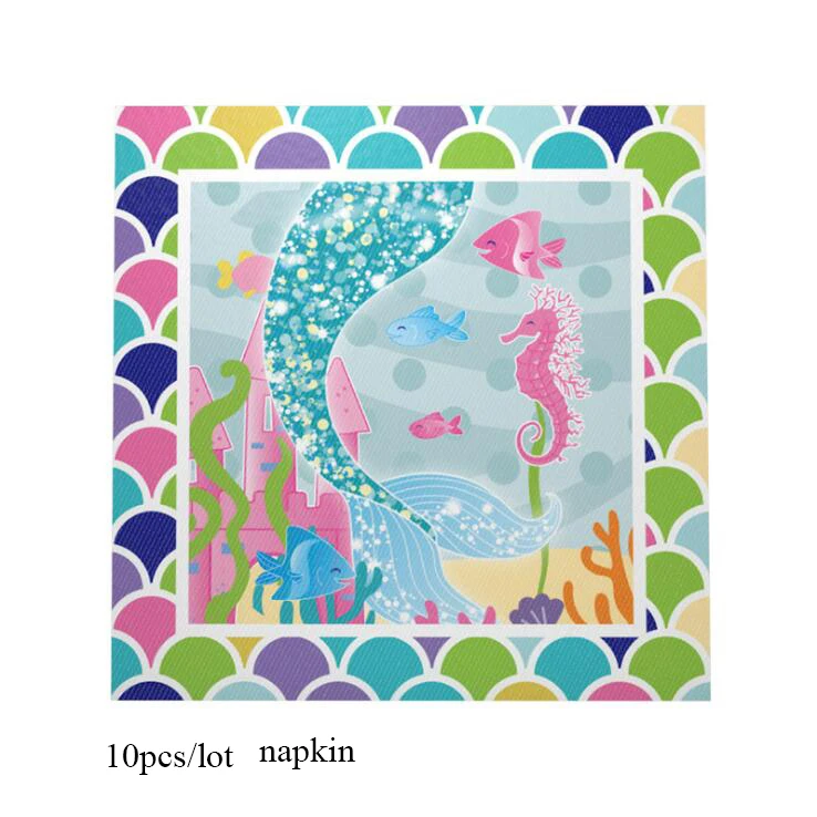 10pcs napkin Серия "Русалка" одноразовый набор посуды, украшение стола, бумажные соломинки/чашки/тарелки, подарок для детей на свадьбу/День рождения/вечерние принадлежности - Цвет: 10pcs napkin