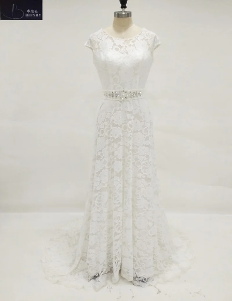

Modest Wedding Dress Short Sleeves Lace With Beaded Belt Lace Up Back Beautiful Bridal Gowns E081802
