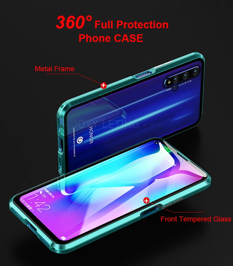 Металлический бампер, противоударный чехол для huawei honor 20, Магнитный чехол 360, передний+ задний 9 H, чехол из закаленного стекла для honor 20 Pro, чехол