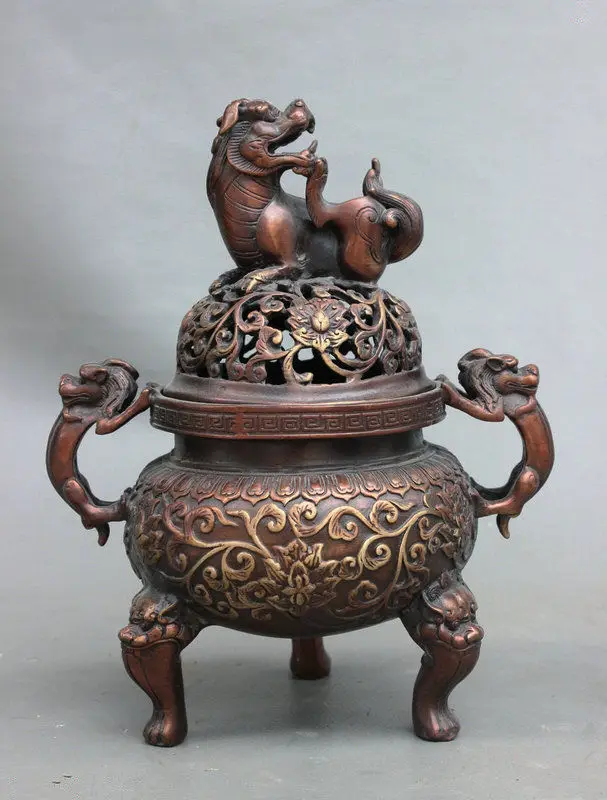 

20 cm */ Marked Chinese Bronze Flower Beast Lion Head Statue Incense Burner
