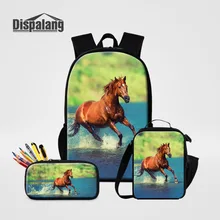 Dispalang 3pcs/Set Horse Printed Kids Backpacks Designer Travel School Bags for Girls Boys Shoulder Cooler Bag with Pencil Case