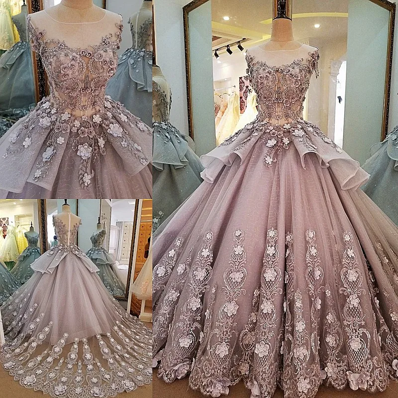 Real Photo 2017 Saudi Arabia Luxury Gray Lace Ball Gown Wedding Dress Vestido Vintage Bandage Plus Size Bridal Dresses | Свадьбы и