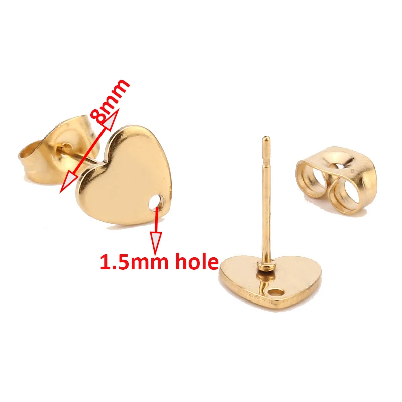 8mm Heart Gold Золотые полые круглые дисковые гвоздики для ушей 10 мм 18 K позолоченные из нержавеющей стали с геометрическим дисковым стержнем, сережки компоненты с отверстием - Цвет: 8mm Heart Gold
