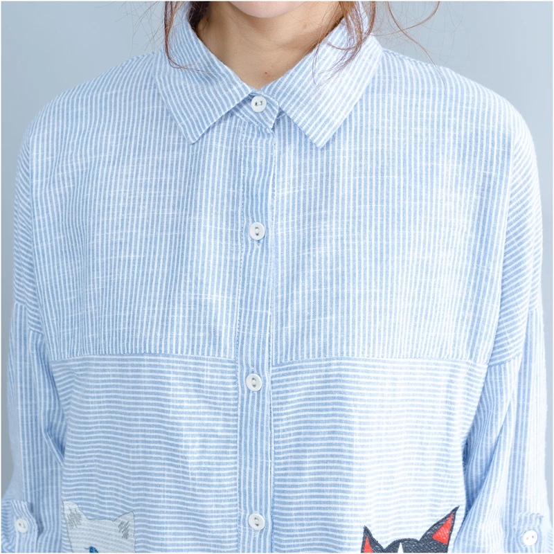 Свободное платье с вышивкой голубого кота 2019 весенне-осеннее Новое Стильное