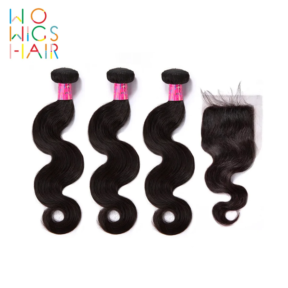 

WoWigs Hair Brazilian Wavy Remy Human Hair 3 Bundles With Lace Closure / Frontal Natural Color Body Wave Bundles With Closure