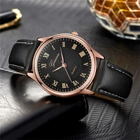luxury brand watches men vintage style leather strap wrist watch for man roman numbers dial rose gold case clock reloj hombre