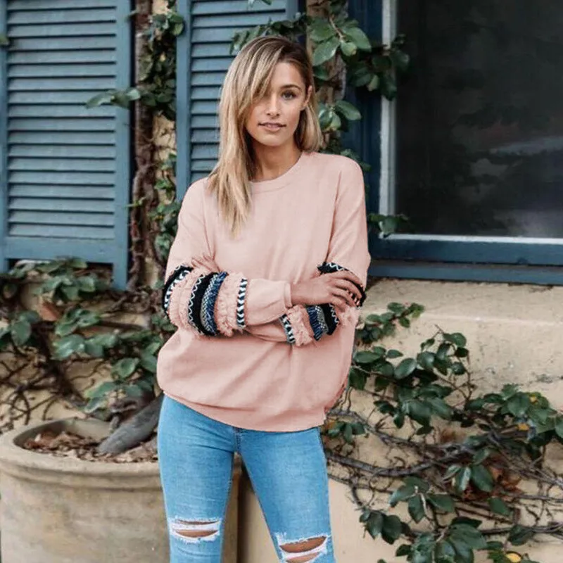Tassel Long Sleeve Sweatshirt Women 2018 Autumn Winter Pullover Pink Hoodie Female Loose Casual Tops Tracksuit | Женская одежда