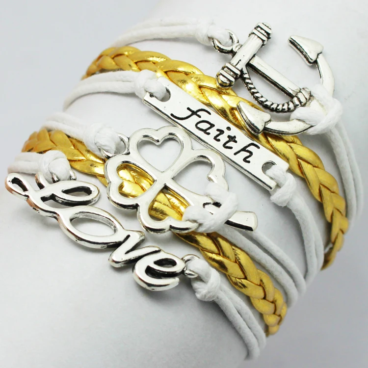 Новый Бесконечности Вера Любовь Якорь Four Leaf Clover Золотой PU оплетка Кожа Подвески