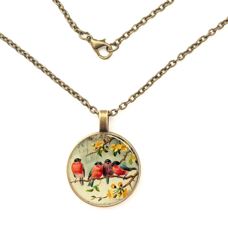 Красное ожерелье с куполом из стекла изображением птиц и диких круглые очки для