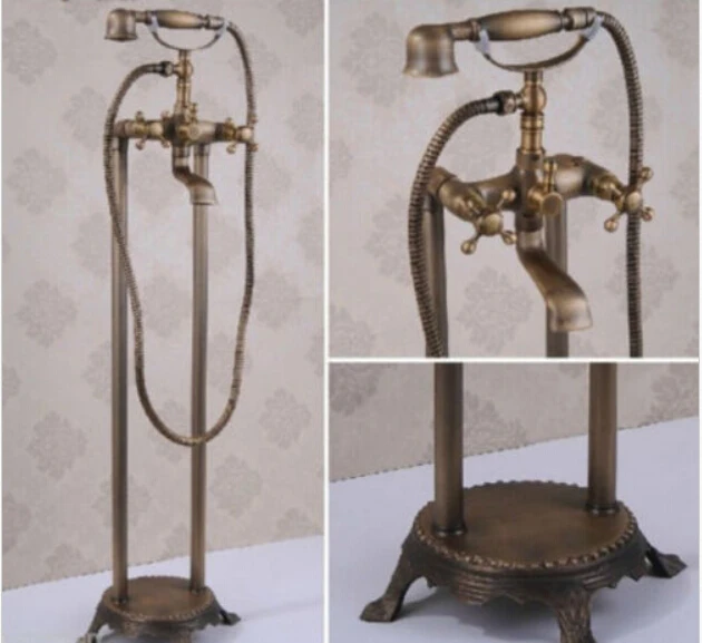

Free shipping Floor Mounted Free Standing Antique Brass Bathtub Mixer Tap Faucet W/Hand Shower 018
