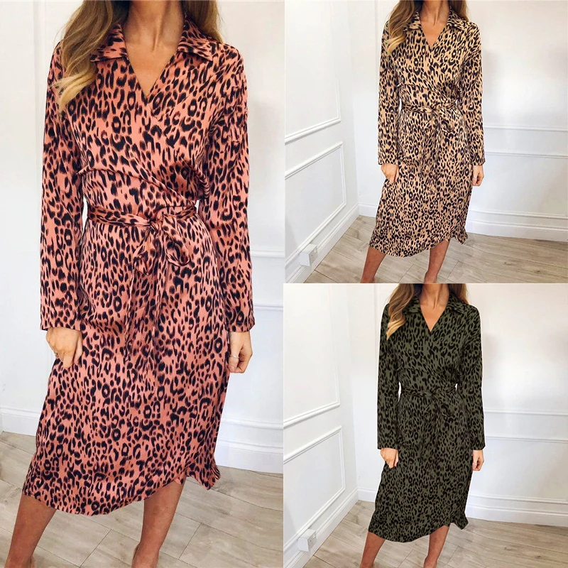 

DY2019 New Arrival Chiffon Dress Women Fashion Leopard Long Sleeve Party Dress Turn Down Collar Mid Calf Dresses Sashes Vestidos