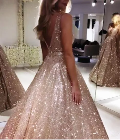 Блестящие золотистые розовые платья для выпускного вечера с V-образным вырезом