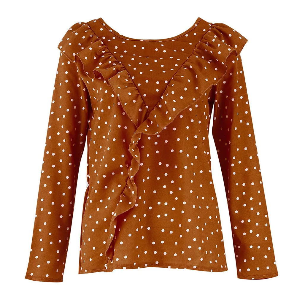 

NEW Womens Polka Dot V-Back Tops Ladies Summer Ruffled Long Sleeve Top Blouse