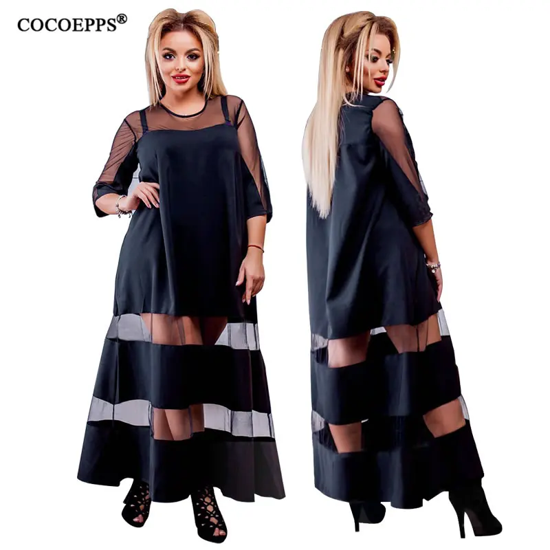 COCOEPPS 5XL 6XL размера плюс модное Сетчатое женское платье большого размера офисные женские длинные платья лоскутное повседневное летнее макси платье