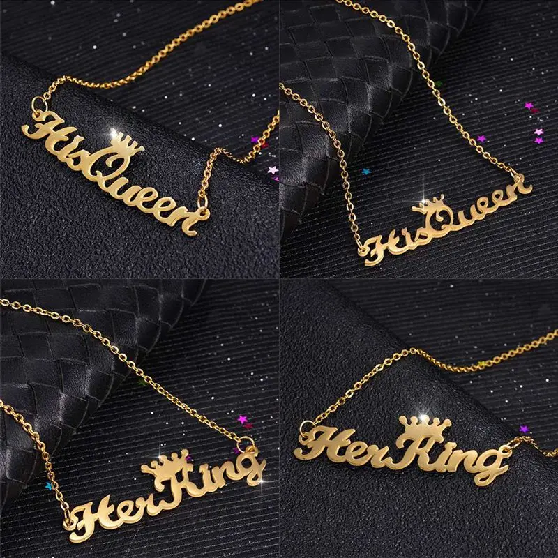 Trendy Lover His Queen Her King Crown Letter Pendant Necklaces For Couple Women Men Valentine's Day Gift Stainless Steel Jewelry |