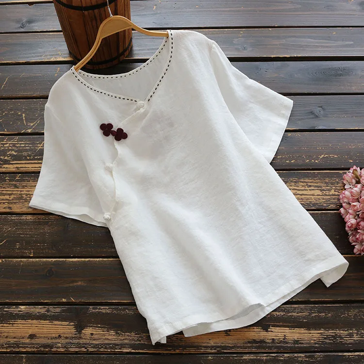 6418 Summer Women Literary Vintage Chinese Style T-shirts Buckle Loose Short Sleeve V-Neck Ramie T-shirt Tops | Женская одежда