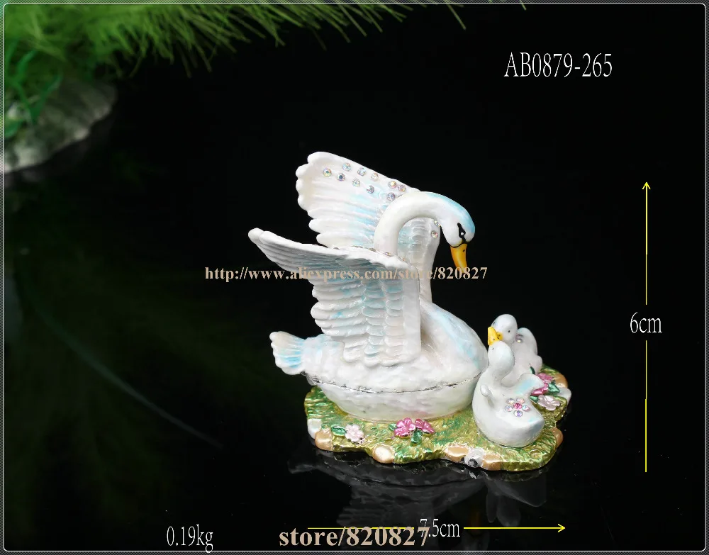 Creative Heavy Duty Pewter Crystal Enamel Swan Keepsake / Trinket Box Jewelry Box Swan Family Pewter Metal Figurine Trinket Box