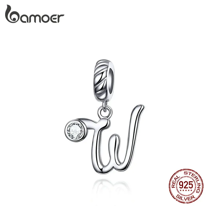 SCC1183-W BAMOER 26 букв Алфавит кулон 925 пробы Серебряный рукописный язык подвески Шарм для браслетов и ожерелья SCC1183 - Цвет камня: SCC1183-W