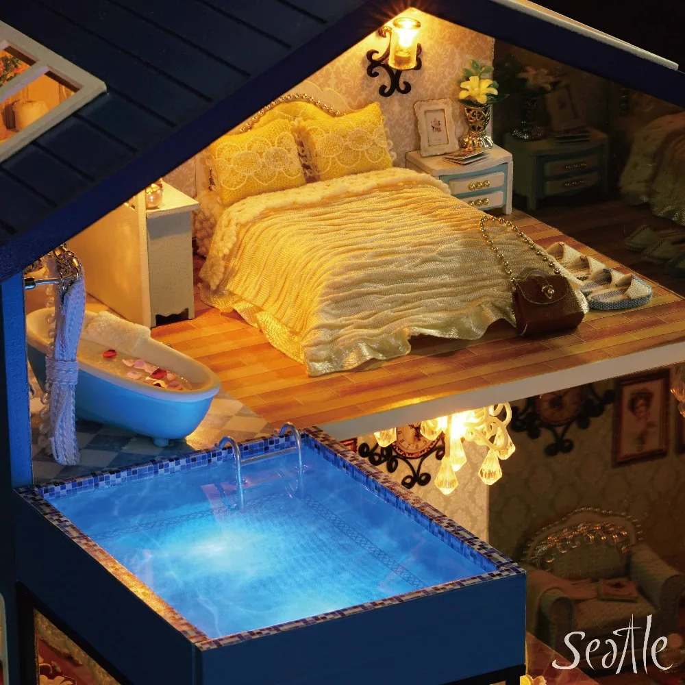 

Wooden Dollhouse DIY Miniature House SEATTLE Villa Big Doll House with Car and Dust Cover Toys for Girl Birthday Gift Christmas