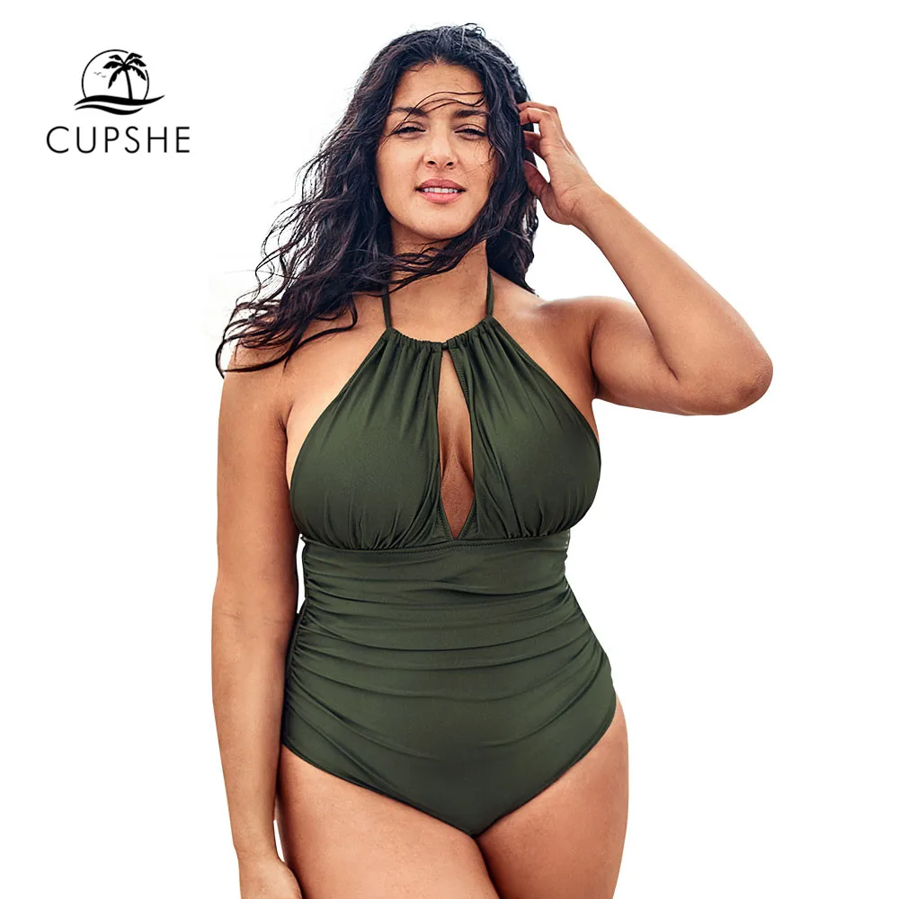 CUPSHE оливковый слитный купальник с лямкой на шее размера плюс сексуальный вырезом