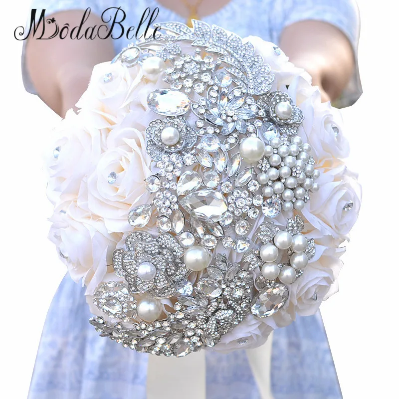 2016 элегантные свадебные букеты с жемчугом и кристаллами Искусственные белые