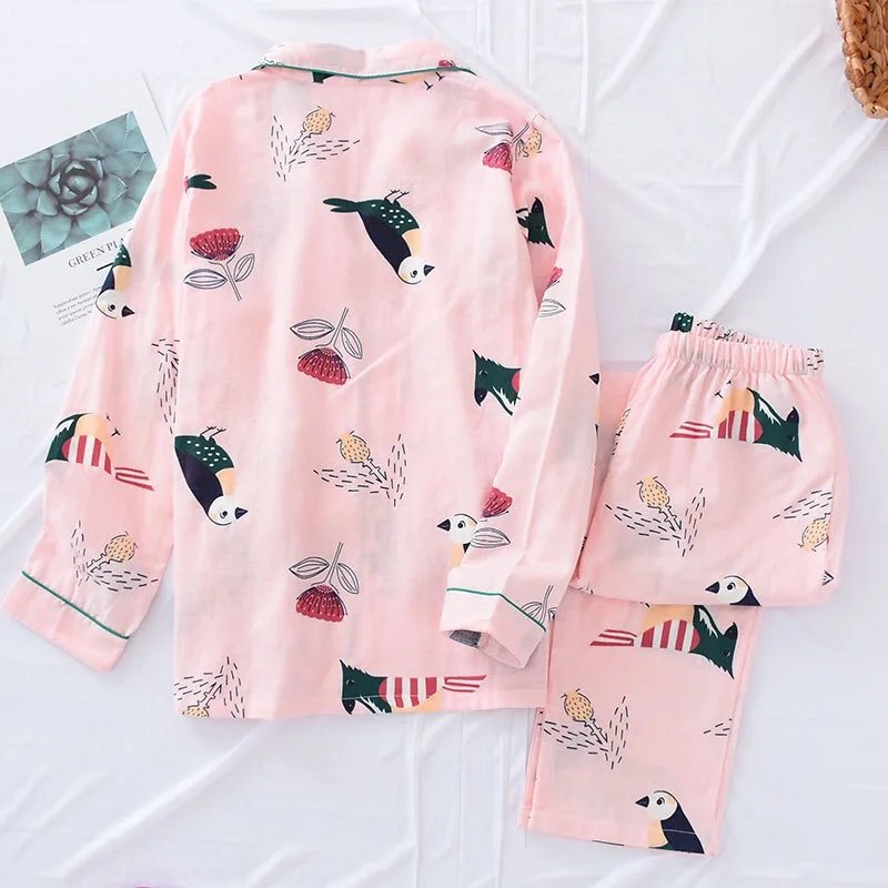 Осенние свежие пижамные комплекты для женщин марлевые хлопковые Мультяшные с длинным рукавом повседневное уютное ночное белье женские пижамы Pijama Mujer костюм
