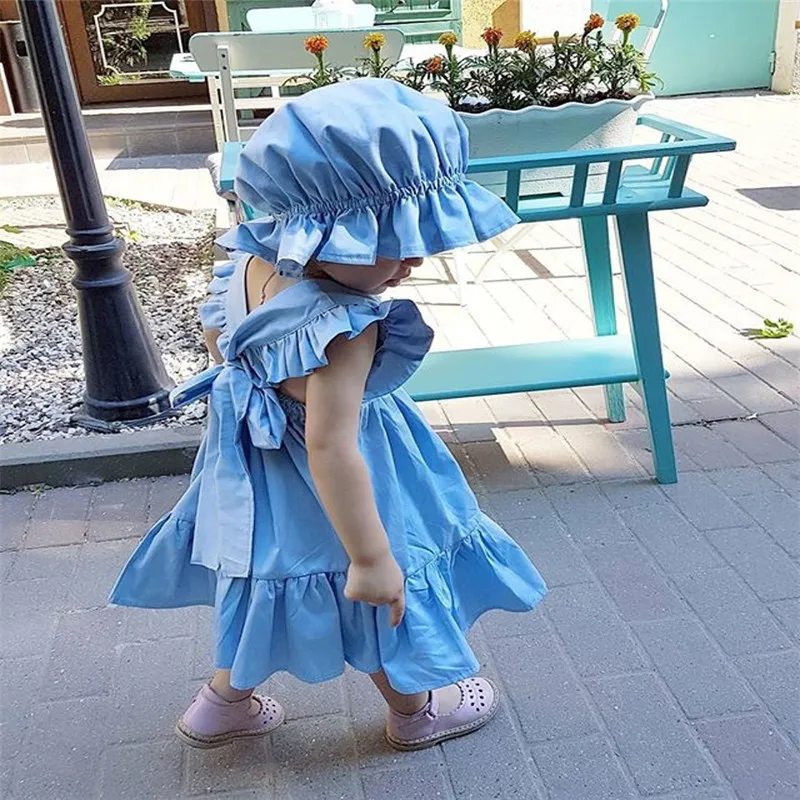 1-5 Years Fashion Baby Girls Dress Summer Ruffle Short Sleeve Kids Dresses For Solid Blue Casual Princess Girl Kid | Детская одежда и