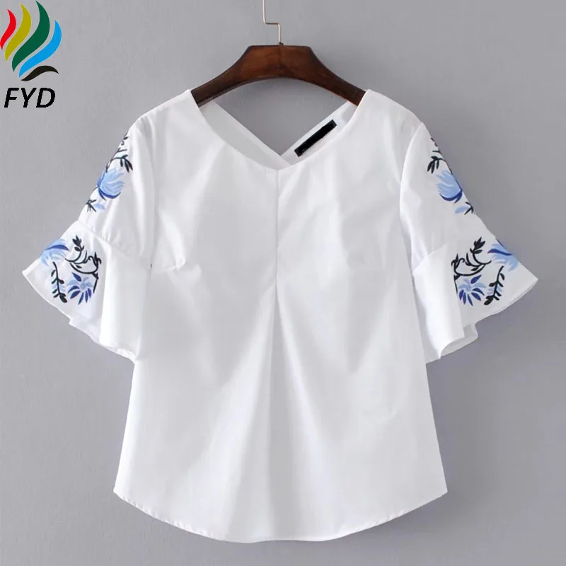 White Blue Women Blouses Summer 2017 Brand Floral Embroidery Flare Sleeve Chemisier Femme Tops Elegant V-Neck Woman Blusas Z354 |
