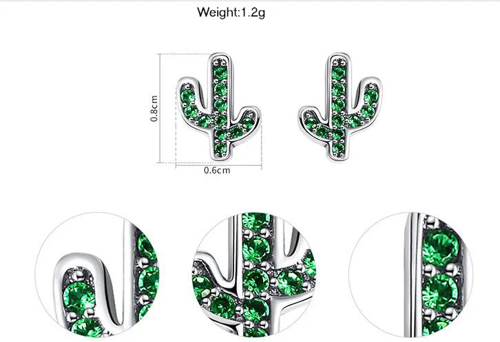 

Hot Sale 925 Sterling Silver Dazzling Green Cactus Crystal Stud Earrings for Women Authentic Silver Jewelry Bijoux
