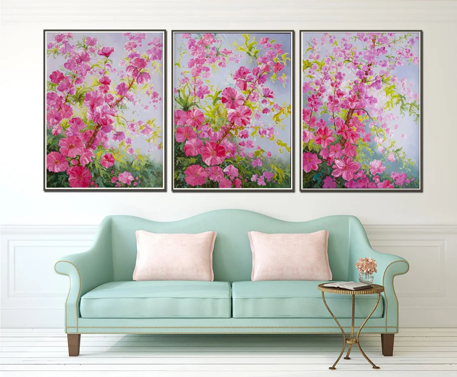 Peach Blossom Spring Flower New Chinese small fresh flower decorative paintings 3 pieces spray painted on canvas | Дом и сад