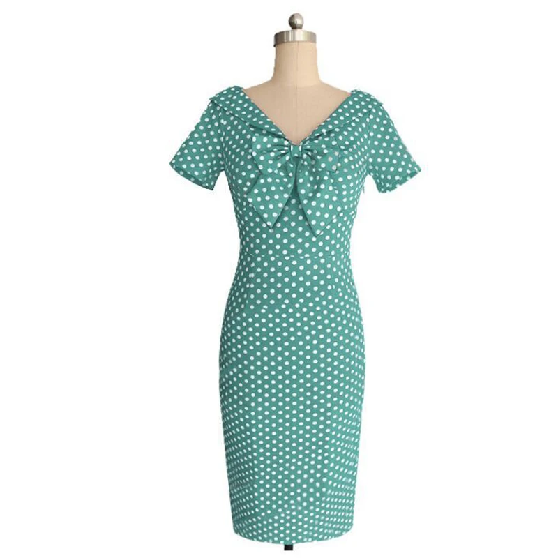 Kostlich V Neck With Bow Knot Dot Pencil Dress Short Sleeves Women Summer Bodycone Party Dresses Casual Sundress | Женская одежда