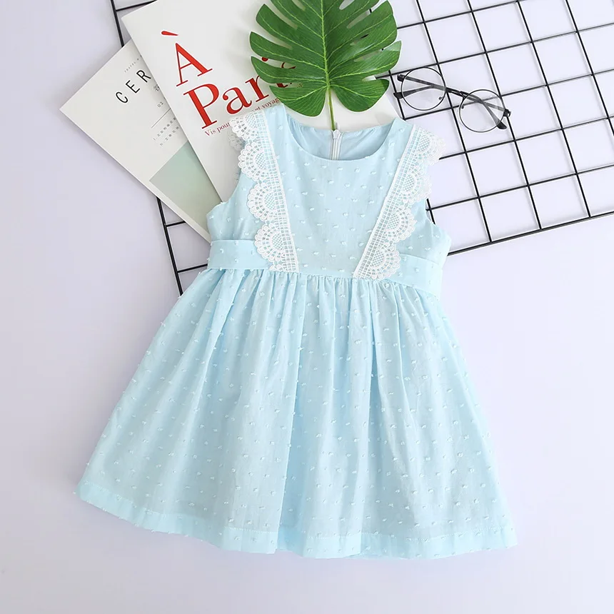 Retail Girls Summer Lace Cotton Dress Children Clothes Light Blue Sleeveless Causal Drawstring Dresses 2-7Y LT010 | Детская одежда и