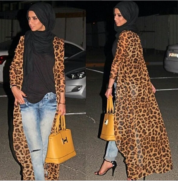 Тонкий Леопардовый принт длинный кардиган абайя платье для женщин Мусульманский