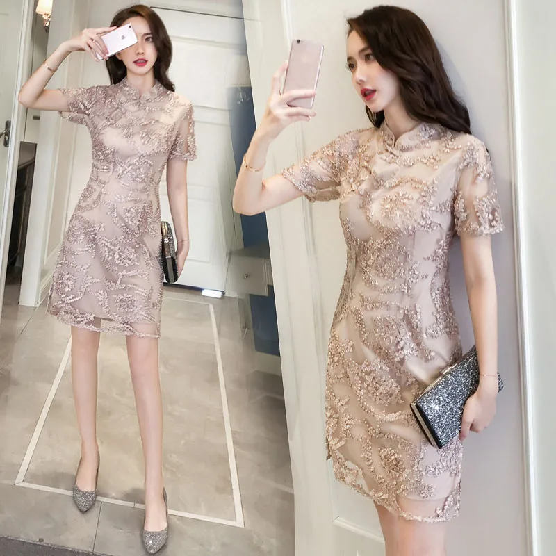 Женское летнее платье, новинка, женское летнее платье cheongsam, корейский темперамент, тонкое, улучшенное, кружевное платье cheongsam, достойное atmos