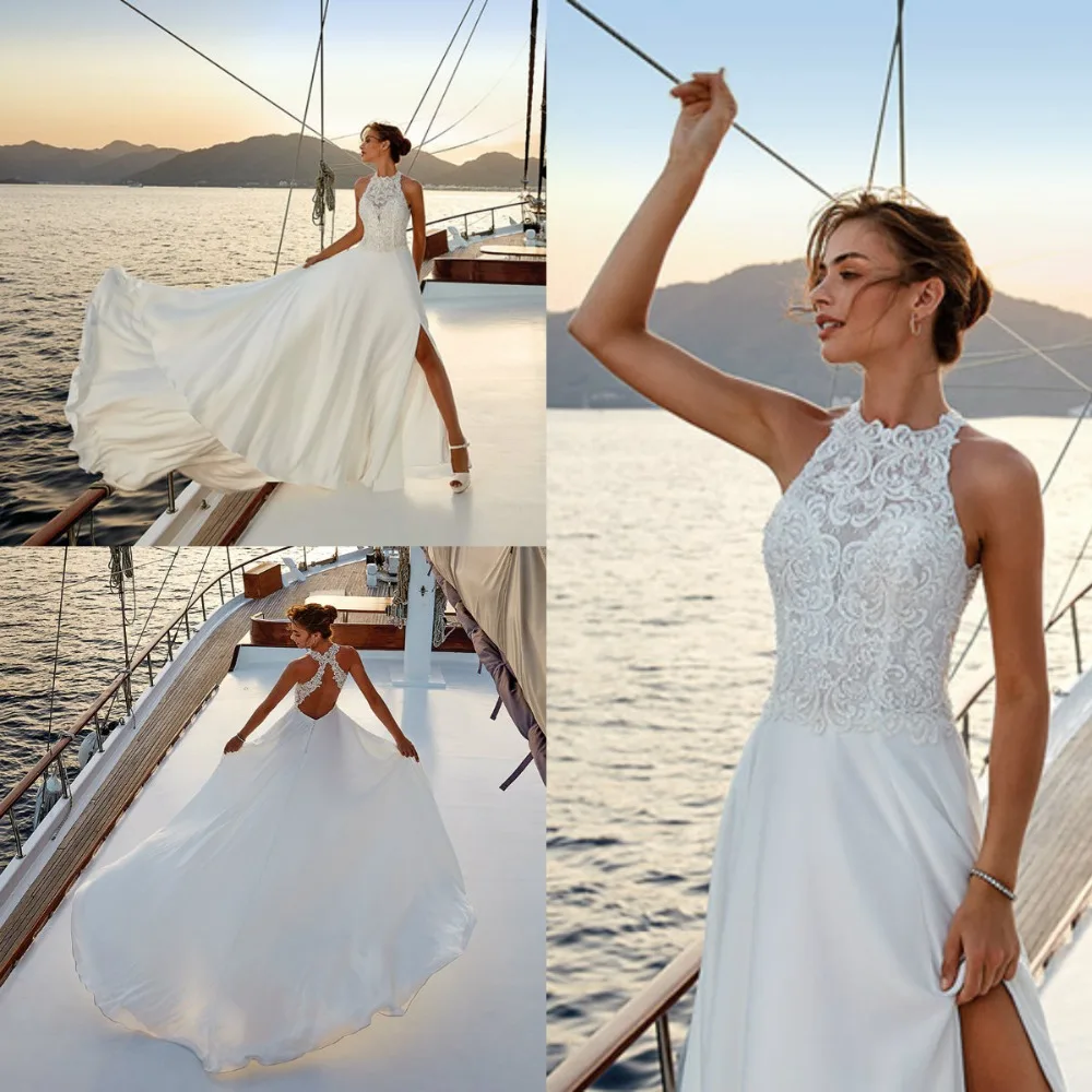 2019 A Line Wedding Dresses Jewel Sleeveless High Side Split Satin Dreams Bridal Gowns Custom Made Sweep Train Wedding Dress