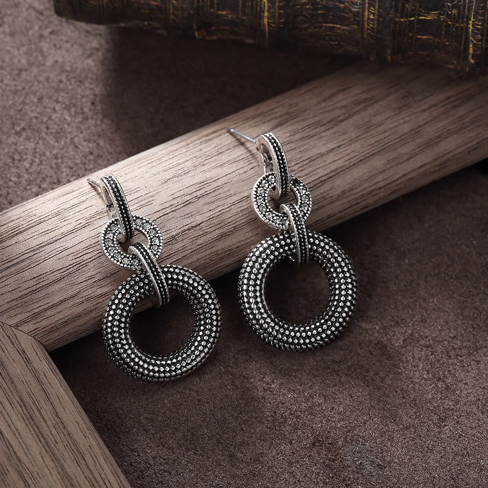 Viennois New Vintage Silver Color Metallic Double Circle Drop Earring Retro Rhinestones Paved Round Dangle Earrings for Women | Украшения и