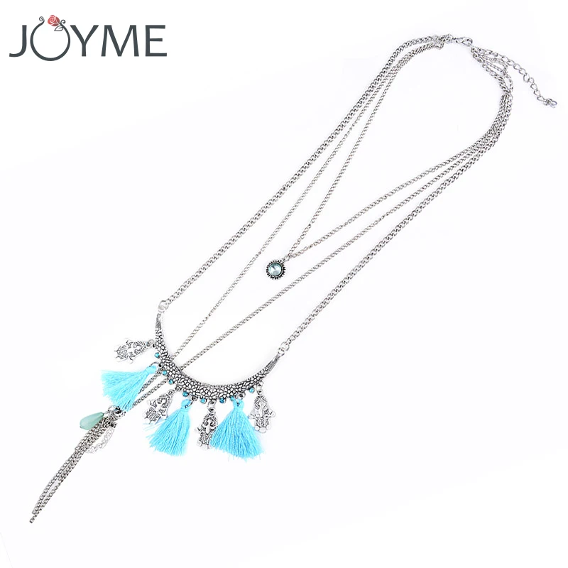 Boho Этническая Винтаж Серебряная цепочка длинная кисточкой Многоуровневая