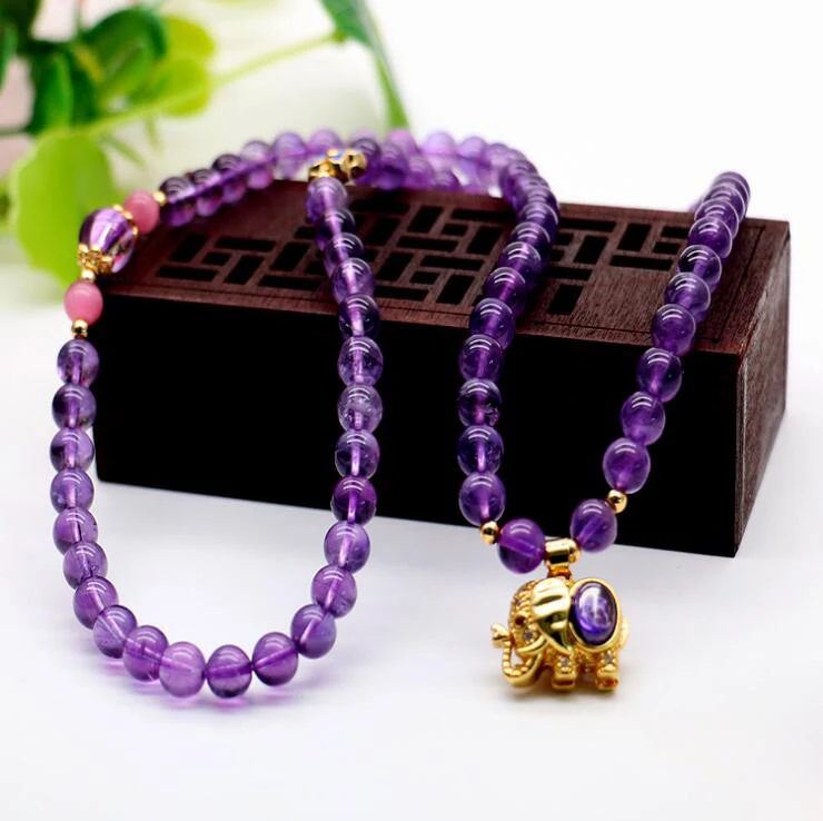 

DS New Fashion Material Amethyst Bracelet Elephant, Clover Round Bead Bangle Healing Energy Crystal Stone Jewelry Love Gift