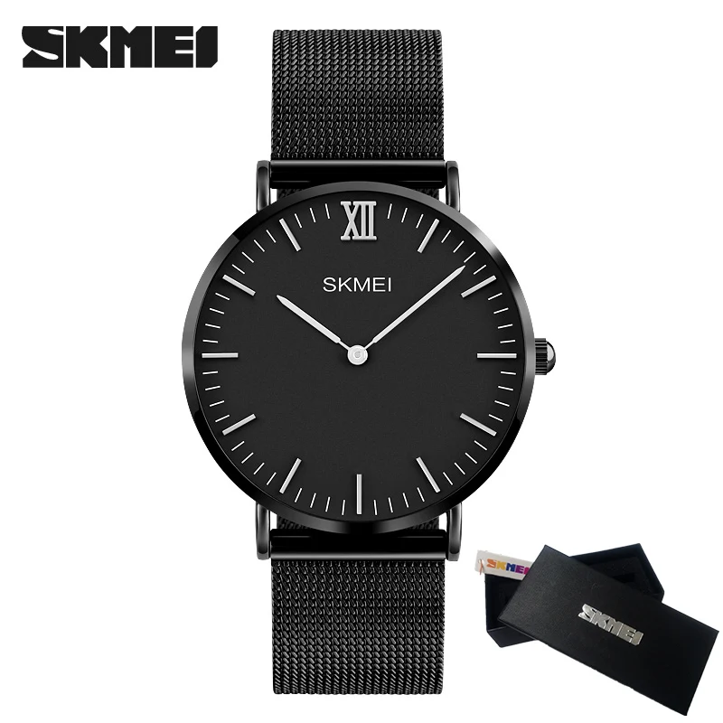 BOX black silver SKMEI новые топ роскошные часы для мужчин бренд мужские часы ультра тонкий Нержавеющая сталь сетка группа кварцевые наручные часы модные мужские часы - Цвет: BOX black silver