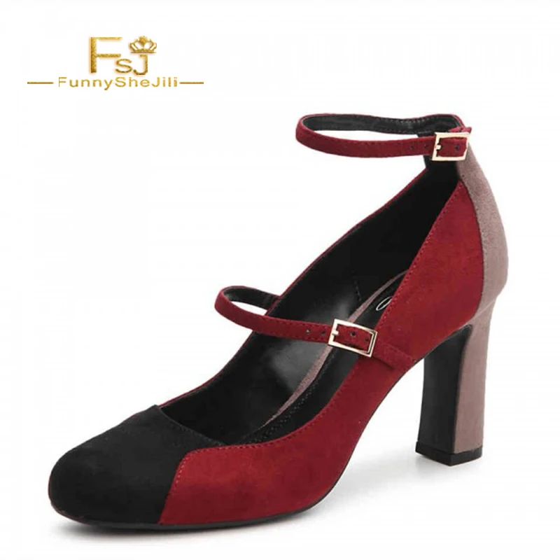 

Color Flock Round Toe Chunky Heels Two Strap Mary Jane Pumps women shoes buckle strap classics FSJ retro mixed color party