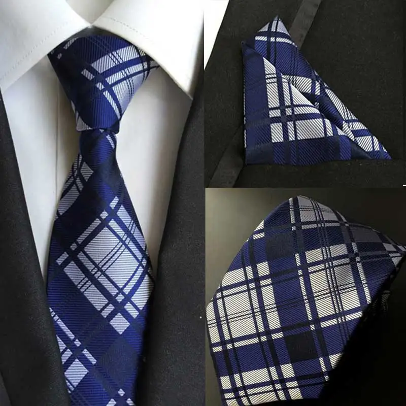 HOT 8cm Men Silk Tie Striped plaid Necktie Handkerchief Set Luxury Neck Ties Men's Classic Party Wedding Pocket Square Sets |
