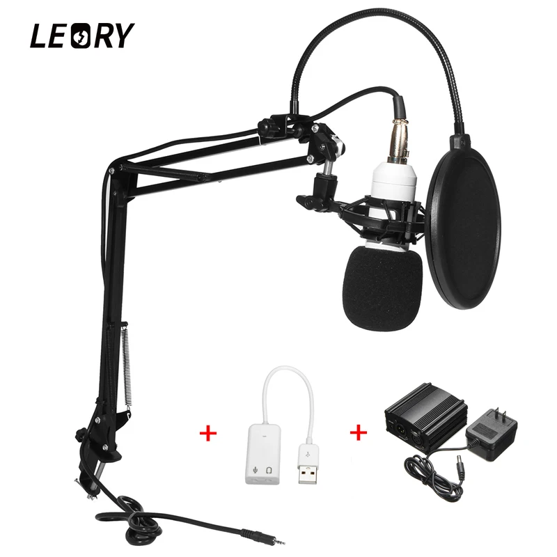 LEORY BM 800 караоке конденсатор с алюминиевой крышкой, конденсаторный микрофон+ 48V Phantom Мощность+ Звуковая карта с интерфейсом USB для ПК Запись Studio КТВ пение - Цвет: 48V Power US 220V