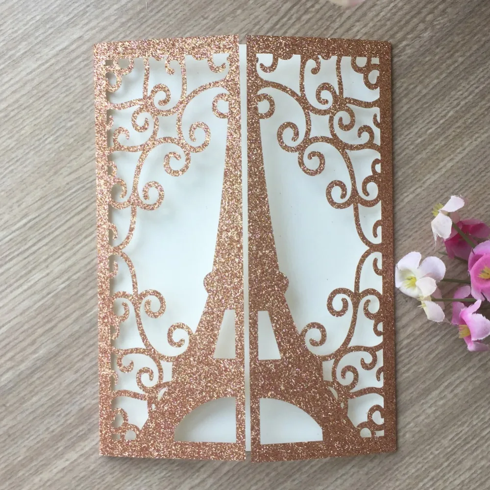 

100pcs/lot Luxury Rose Gold Tower Pattern Wedding Invitations Birthday Card Party Invitations Greeting Card Party Souvenirs