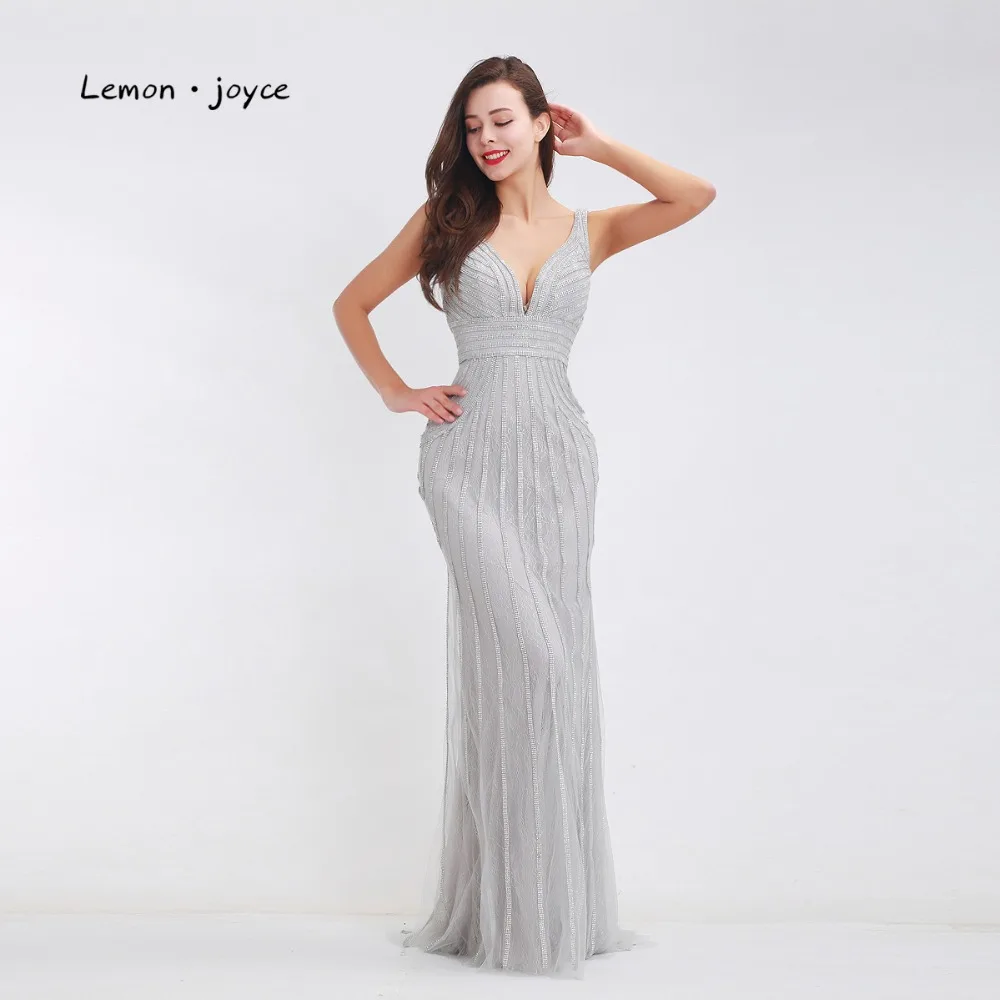 Lemon joyce Formal Gray Evening Dresses Long 2020 Sexy Deep V-Neck Backless Elegant Party Prom Gowns Plus Size | Свадьбы и торжества