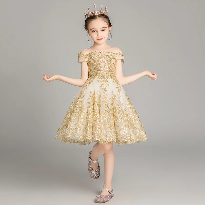 Off Shoulder Girl's Wedding Party Foreign-style Petticoat Dresses Children's Birthday Show Wedding Dresses Little Girl's Piano Show Dresses - Цвет: Off Shoulder
