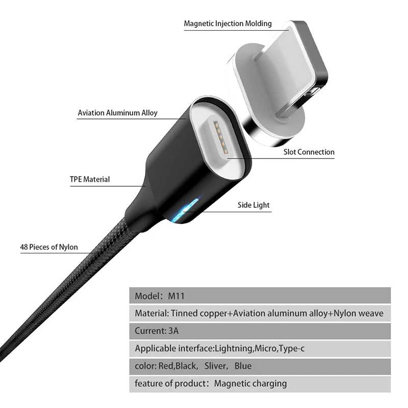 Leebote светодиодный магнитный USB-кабель Android Micro USB Type-C зарядный кабель для телефона