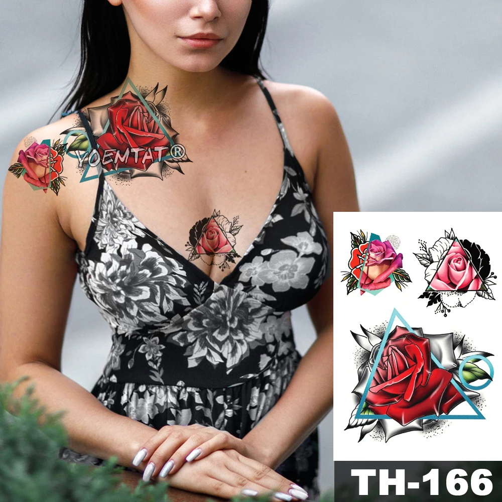 

Waterproof Temporary Tattoo Sticker Red Rose Lace geometric pattern Romantic Water Transfer body art flash fake tatoo
